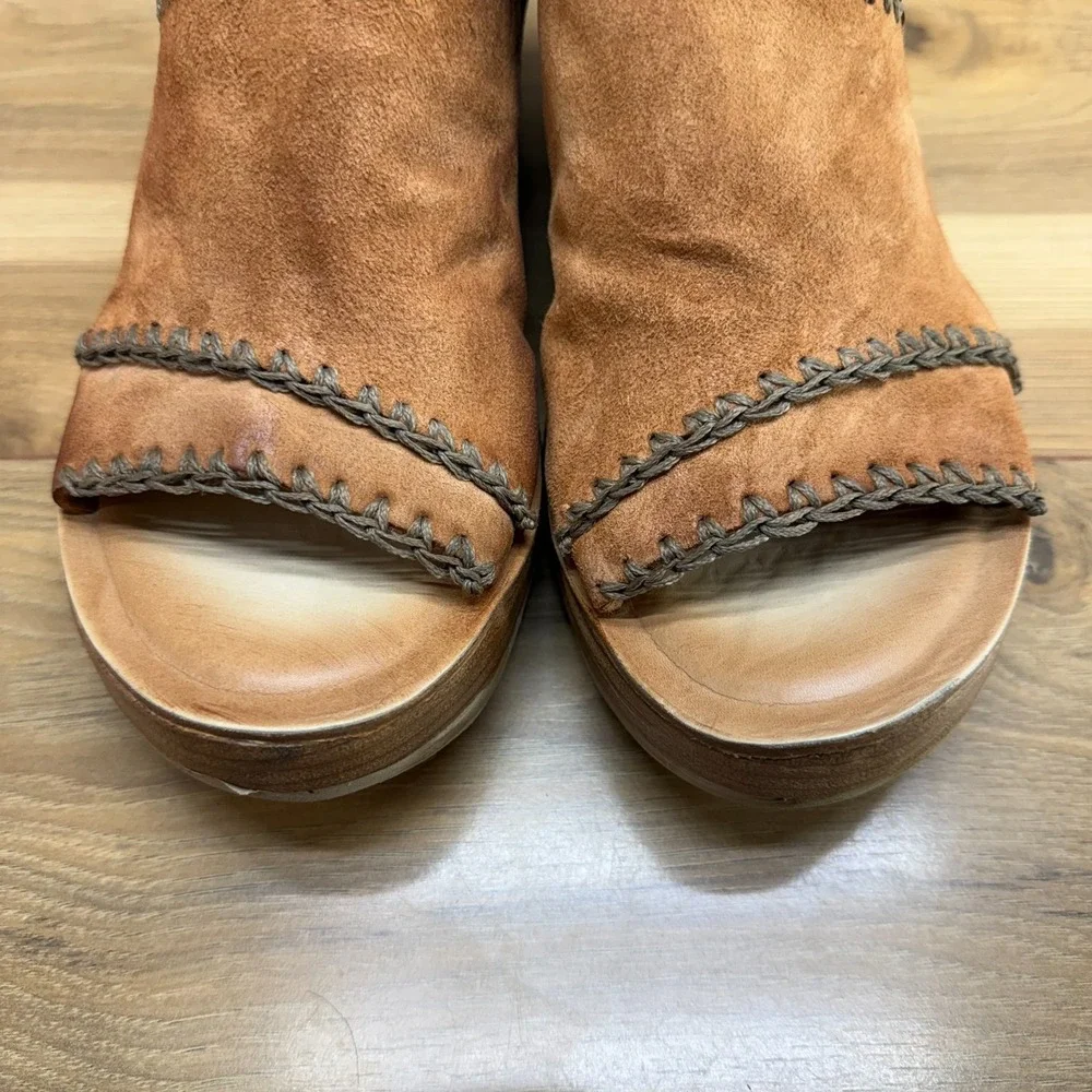 A.S 98 AS98 Nelson Wedge Sandals 11 EU 42 Cognac Suede Boho Whipstitch Artisan